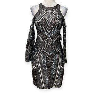 NWT Express Sequin Cold Shoulder Mini Dress S Black Silver Party Cocktail